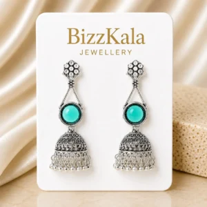Silver-Tone Emerald Green Stone Jhumka Earrings for Women