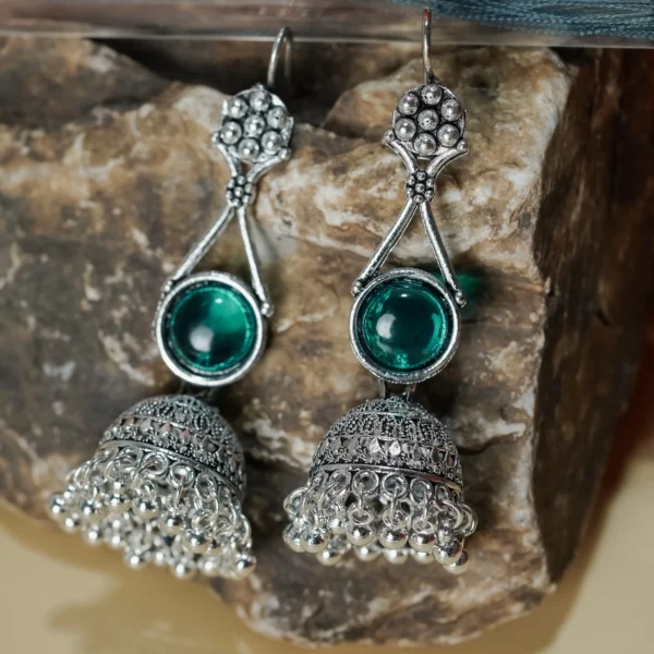 Silver-Tone Emerald Green Stone Jhumka Earrings for Women