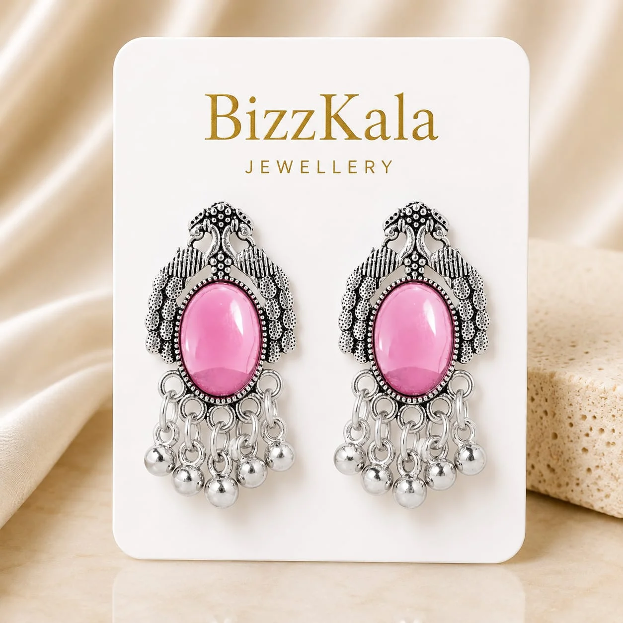Silver-Tone Pink Peacock Jhumka for Women - Image 1