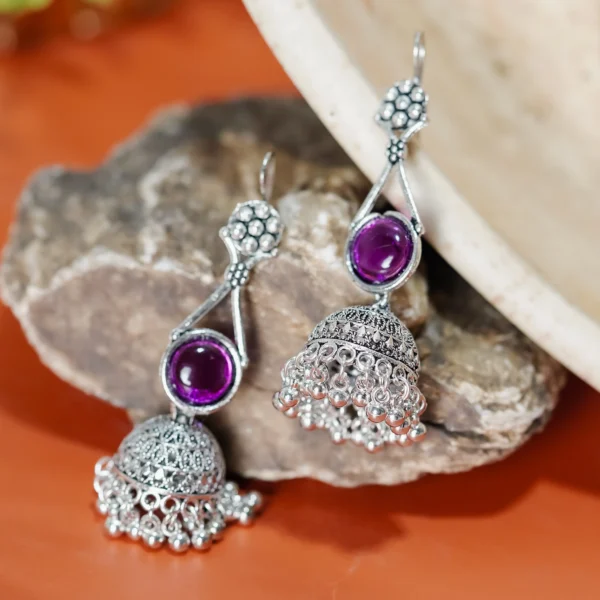 Silver-Tone Purple Stone Jhumka Earrings for Women