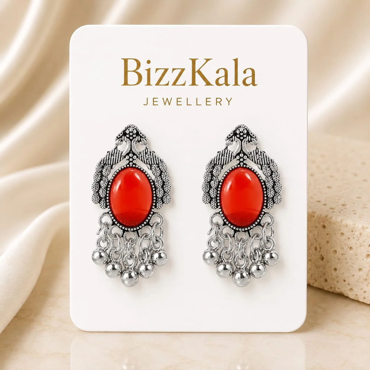 Silver-Tone Red Peacock Jhumka for Women - Image 1