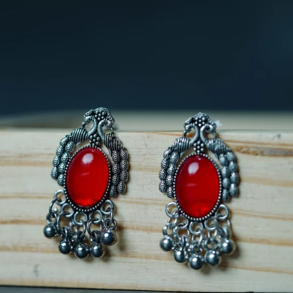 Silver-Tone Red Peacock Jhumka for Women