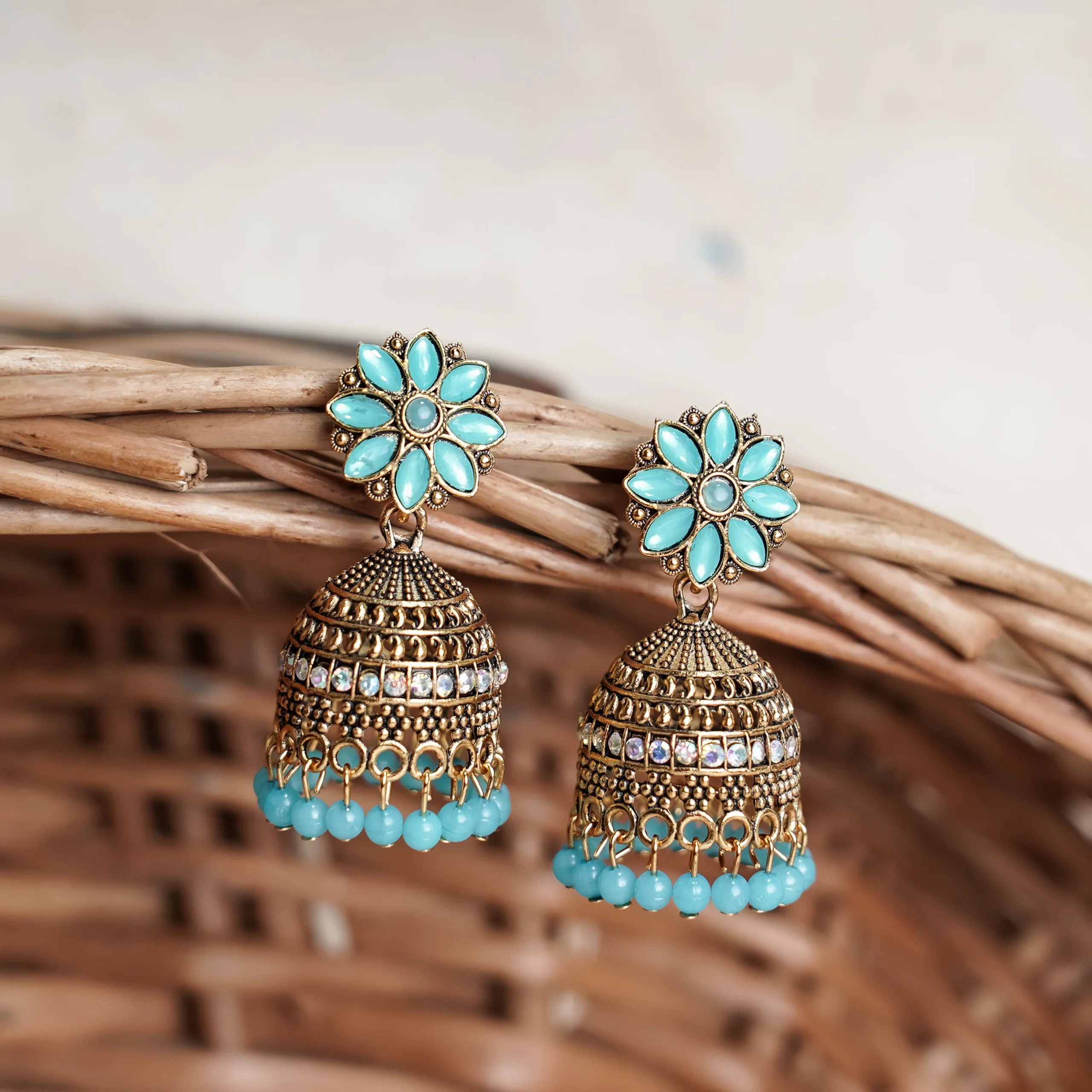 Sky Blue Floral Beaded Jhumka for Women - Image 3