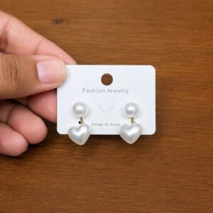 Pearl Heart Drop Earrings in silver-tone style with round pearl-like studs with small white heart drops