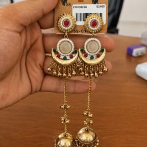 Multicolor Chandbali Jhumka Earrings in antique gold-tone style with multicolour chandbali arches with hanging domes and tassels