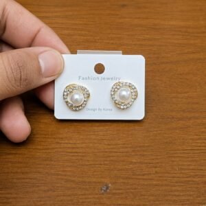 Rounded Border Pearl Stud Earrings in silver-tone style with pearl-like centres inside rounded clear borders