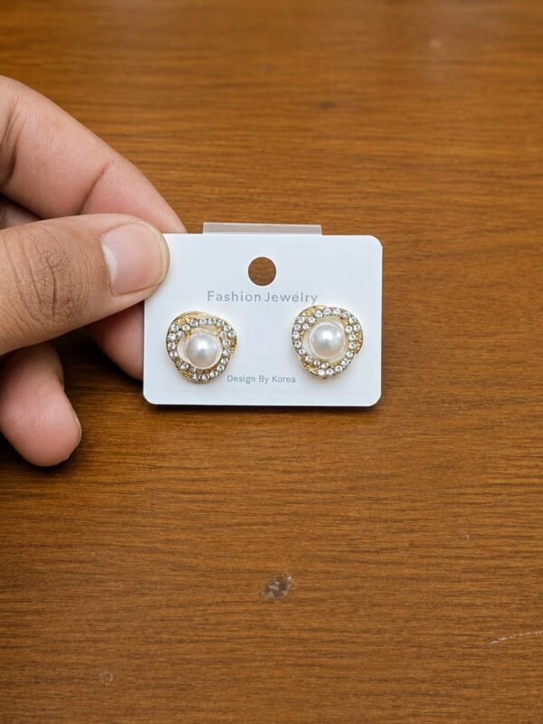 Rounded Border Pearl Stud Earrings in silver-tone style with pearl-like centres inside rounded clear borders