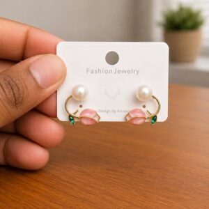 Pink Flower Pearl Hoop Earrings in gold-tone style with pink flower details on small open hoops with pearl-like studs