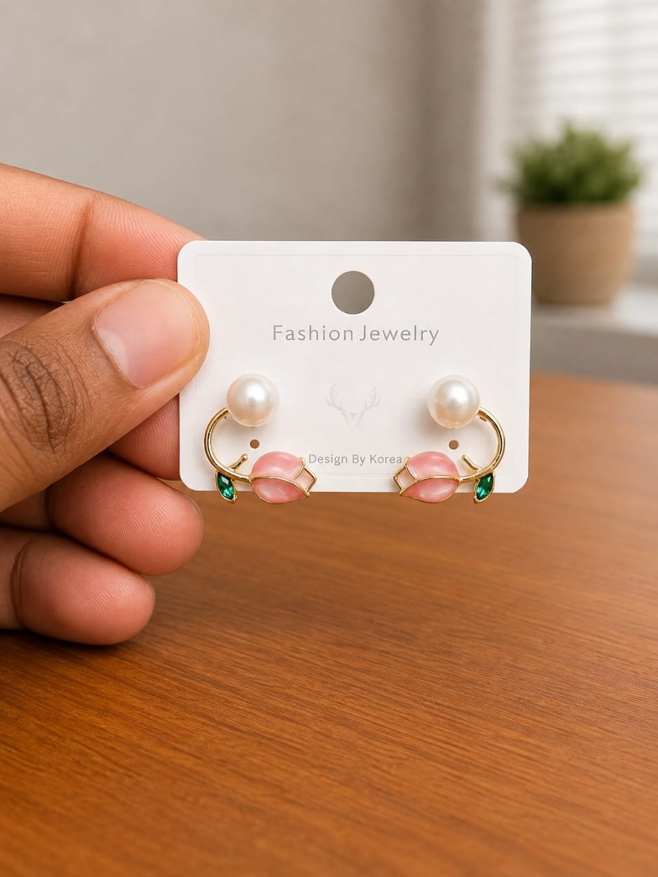 Pink Flower Pearl Hoop Earrings in gold-tone style with pink flower details on small open hoops with pearl-like studs