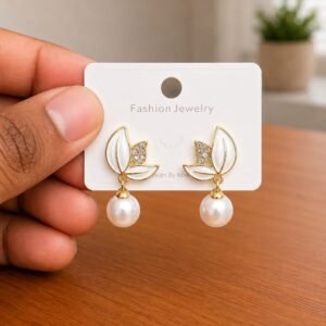 Leaf Pearl Drop Earrings in gold-tone style with white leaf forms above pearl-like drops