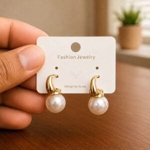 Pearl Hoop Drop Earrings in gold-tone style with small open hoops ending in pearl-like drops