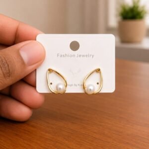 Open Frame Pearl Teardrop Stud Earrings in gold-tone style with pearl-like teardrop centres inside smooth open frames