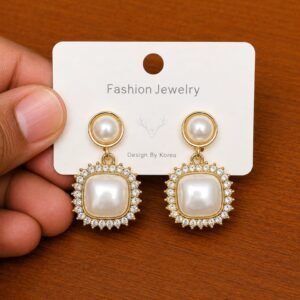 Square Pearl Statement Earrings in gold-tone style with round pearl-like tops above large square pearl-like centres