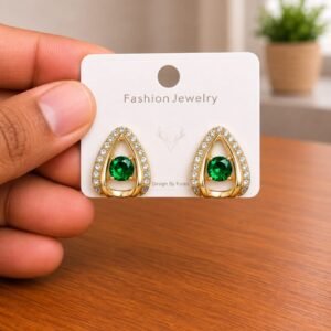 Green Stone Teardrop Stud Earrings in gold-tone style with green oval centres inside clear teardrop frames