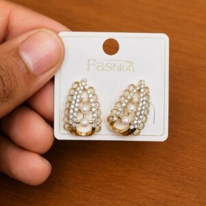 Clear Frame Pearl Oval Stud Earrings in gold-tone style with oval frames filled with pearl-like and clear accents