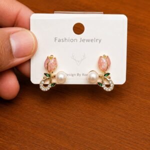 Pink Tulip Pearl Accent Stud Earrings in gold-tone style with pink tulip motifs with small pearl-like accents
